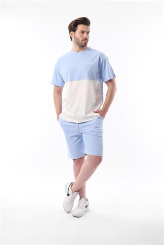 Mavi Baskılı Renk Bloklu Pamuklu Ayarlanabilir Bel Şort Takım 5952
