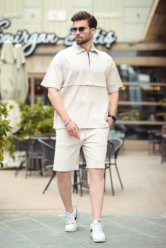 Taş Rengi Fermuarlı Polo Yaka Erkek Şort Gömlek Takımı E7314