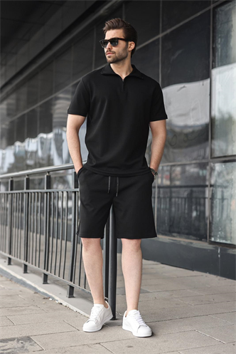 Siyah Yarım Fermuarlı Polo Yaka T-shirt Şort Takım E7348