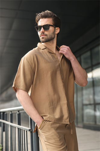 Camel Tensel Kumaş Erkek Şort Gömlek Takım E7352