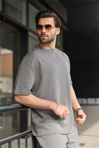 Füme Bisiklet Yaka Oversize Erkek Şort T-shirt Takım E7355