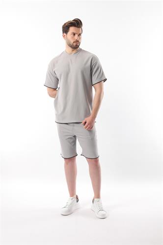 Boyalı Gri Nakış Detaylı Erkek Şort T-shirt Takım E7305