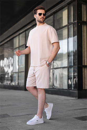 Bej Tensel Kumaş Erkek Şort Tişört Takım E7349