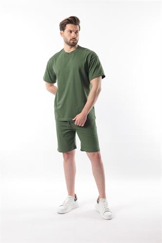 Haki Overfit Baskılı Erkek Şort T-shirt Takım E7302