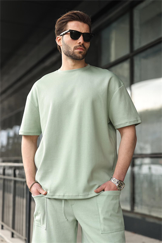 Çağla Yeşili Bisiklet Yaka Oversize Erkek Şort T-shirt Takım E7355