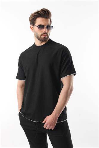 Siyah Nakış Detaylı Erkek Şort T-shirt Takım E7305