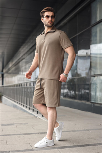 Haki Yarım Fermuarlı Polo Yaka T-shirt Şort Takım E7348