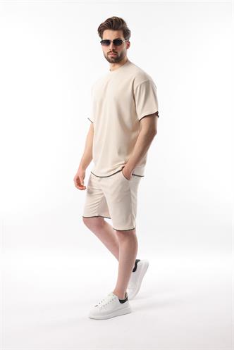 Bej Nakış Detaylı Erkek Şort T-shirt Takım E7305