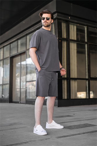 Boyalı Gri Tensel Kumaş Erkek Şort Tişört Takım E7349