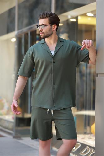 Haki Basic Erkek Şort Gömlek Takım E7311