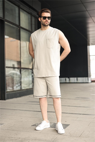 Boyalı Gri Bisiklet Yaka Kolsuz Erkek Şort T-shirt Takım E7351