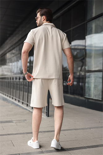 Bej Yarım Fermuarlı Polo Yaka T-shirt Şort Takım E7348