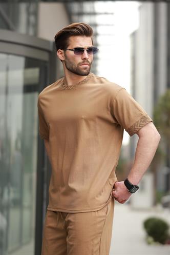 Kapuçino Baskılı %100 Pamuklu Erkek Şort Tişört Takım E7312