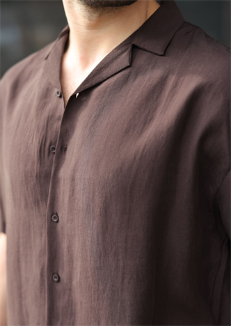 Kahverengi Tensel Kumaş Erkek Şort Gömlek Takım E7352