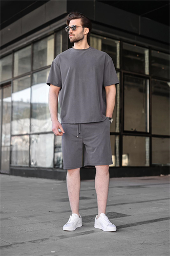 Boyalı Gri Tensel Kumaş Erkek Şort Tişört Takım E7349