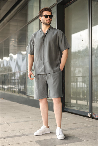 Füme Tensel Kumaş Erkek Şort Gömlek Takım E7352