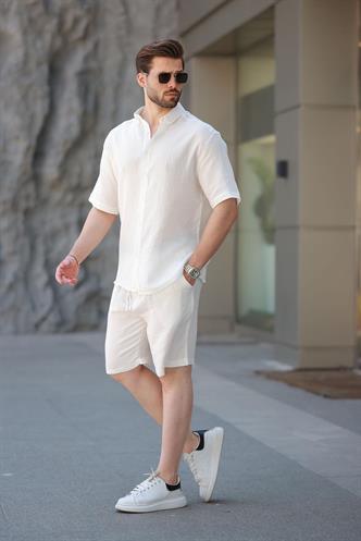 Beyaz Basic Erkek Şort Gömlek Takım E7321