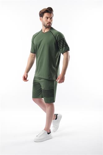 Haki Baskılı Reglan Kol Erkek Şort T-shirt Takımı E7306