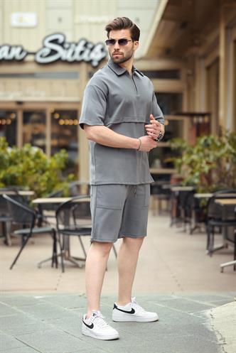 Füme Fermuarlı Polo Yaka Erkek Şort Gömlek Takımı E7314