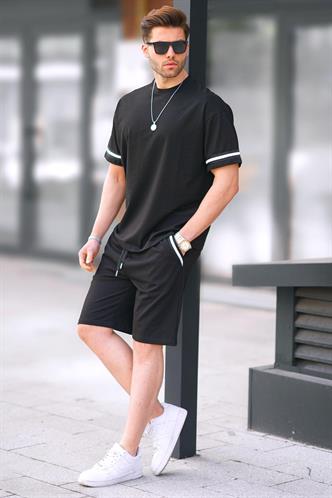 Siyah Bisiklet Yaka Erkek Şort Takımı 5951