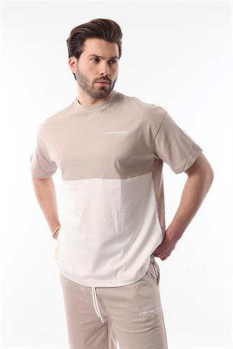 Bej Baskılı Renk Bloklu Pamuklu Ayarlanabilir Bel Şort Takım 5952