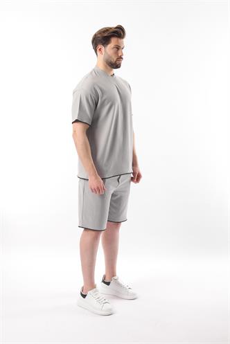 Boyalı Gri Nakış Detaylı Erkek Şort T-shirt Takım E7305