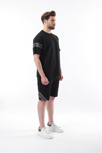Siyah Şerit Detaylı Erkek Şort T-shirt Takım E7301