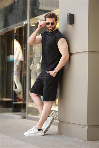 Siyah Basic Erkek Yırtık Detaylı Şort T-shirt Takım E7319