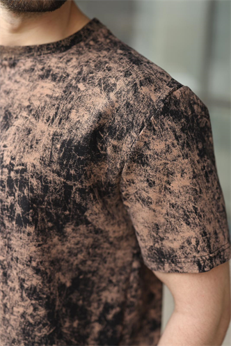 Siyah-Kahverengi Batik Desenli Overfit Şort T-shirt Takım E7357