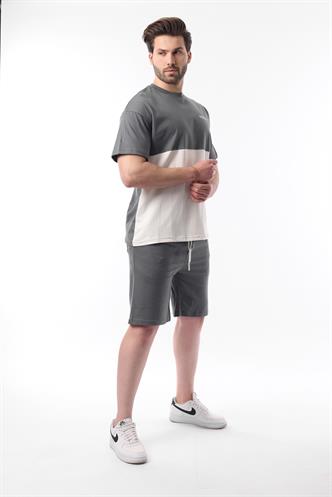 Füme Baskılı Renk Bloklu Pamuklu Ayarlanabilir Bel Şort Takım 5952