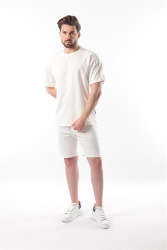 Ekru Overfit Baskılı Erkek Şort T-shirt Takım E7302