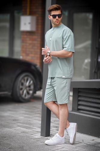 Mint Yeşili Bisiklet Yaka Erkek Şort Takımı 5949