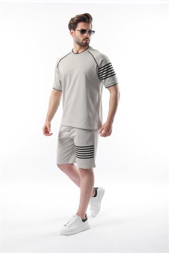 Boyalı Gri Baskılı Reglan Kol Erkek Şort T-shirt Takımı E7306