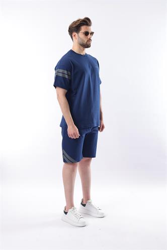Lacivert Şerit Detaylı Erkek Şort T-shirt Takım E7301