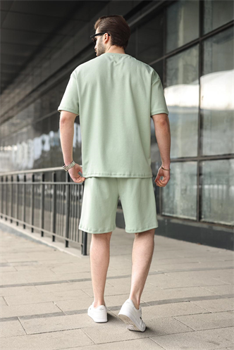 Çağla Yeşili Bisiklet Yaka Oversize Erkek Şort T-shirt Takım E7355