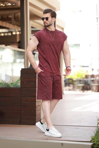 Bordo Basic Erkek Yırtık Detaylı Şort T-shirt Takım E7319