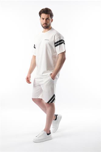 Ekru Şerit Detaylı Erkek Şort T-shirt Takım E7301