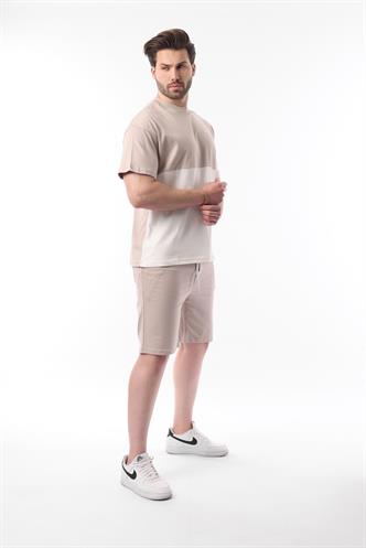 Bej Baskılı Renk Bloklu Pamuklu Ayarlanabilir Bel Şort Takım 5952