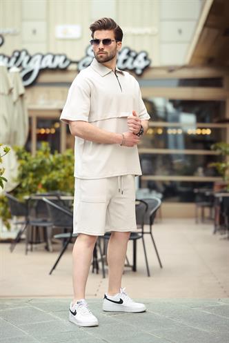 Taş Rengi Fermuarlı Polo Yaka Erkek Şort Gömlek Takımı E7314