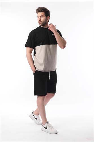 Siyah Baskılı Renk Bloklu Pamuklu Ayarlanabilir Bel Şort Takım 5952