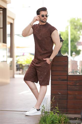 Acı Kahve Basic Erkek Yırtık Detaylı Şort T-shirt Takım E7319