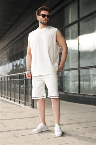 Ekru Bisiklet Yaka Kolsuz Erkek Şort T-shirt Takım E7351