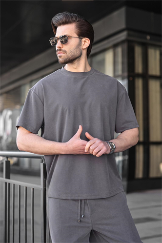 Boyalı Gri Tensel Kumaş Erkek Şort Tişört Takım E7349