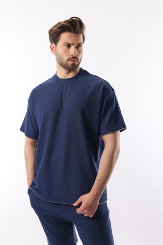 Lacivert Nakış Detaylı Erkek Şort T-shirt Takım E7305