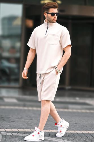 Bej Fermuarlı Erkek Şort Takımı 5947