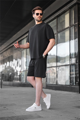 Siyah Tensel Kumaş Erkek Şort Tişört Takım E7349