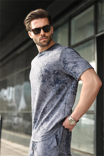 Lacivert Batik Desenli Overfit Şort T-shirt Takım E7357