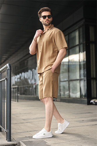 Camel Tensel Kumaş Erkek Şort Gömlek Takım E7352