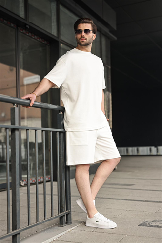Ekru Bisiklet Yaka Oversize Erkek Şort T-shirt Takım E7355