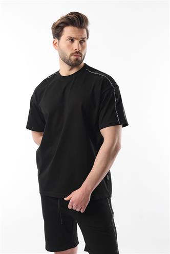Siyah Overfit Baskılı Erkek Şort T-shirt Takım E7302